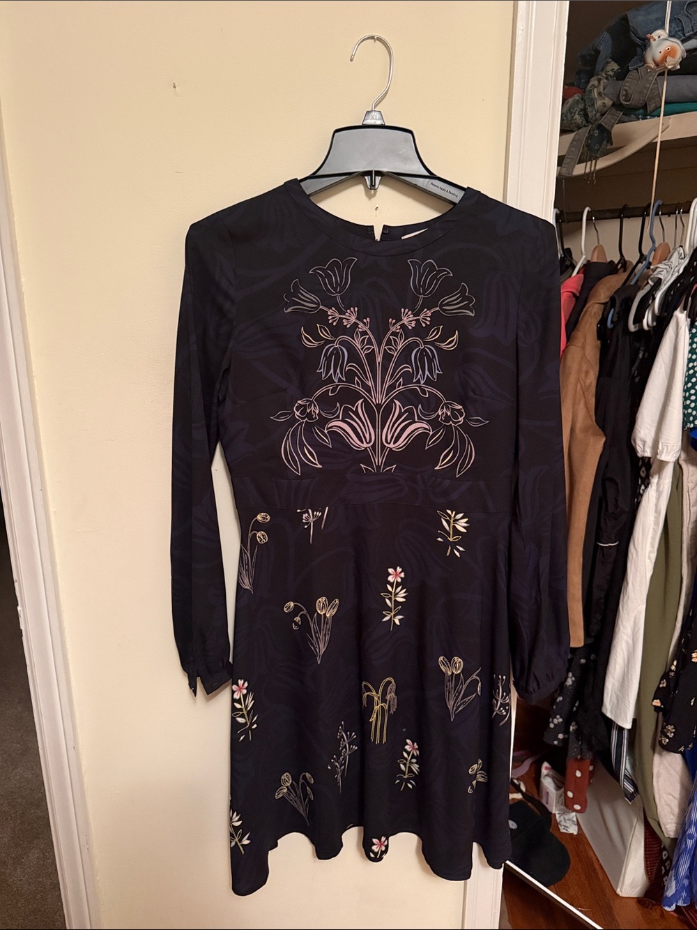LOFT blue and Black Long-Sleeve Floral Fit-and-Flare Dress